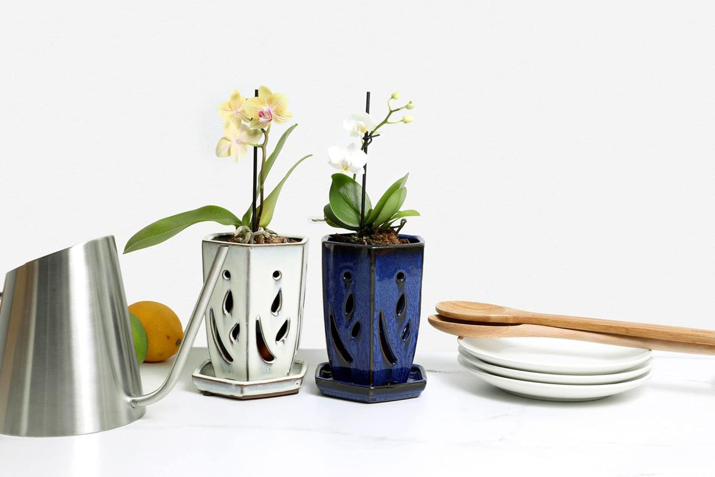 rePotme 4 x 6 inch Hexagon Ceramic Orchid Pot with Holes (Midnight Blue) - Ideal Plant Pot for Repotting Orchids and Other Flowers - Indoor/Outdoor