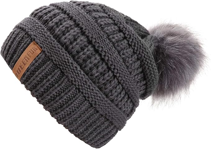 QUEENFUR Women Knit Slouchy Beanie Chunky Baggy Hat with Faux Fur Pompom Winter Soft Warm Ski Cap
