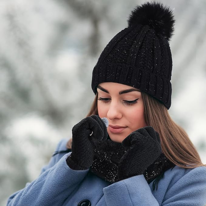 5 Pieces Women Winter Warm Set Knit Beanie Hat Scarf Touchscreen Gloves Earmuffs Stockings 5 in 1 Ski Outing Set for Gift