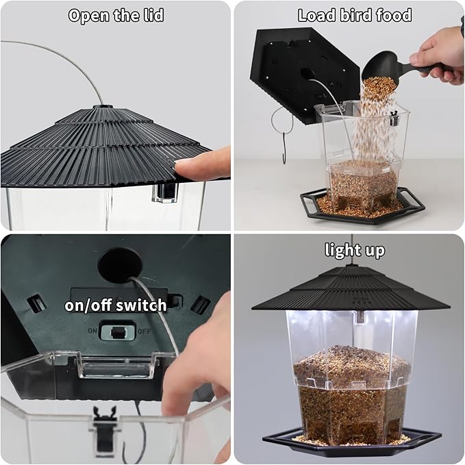 Solar Bird Feeder for Outdoors Hanging,Black Hanging Wild Bird Feeders with S Hook for Blue Bird, Cardinals, Finches,Wild Birds Seed Feeder, As Gift for Bird Lovers