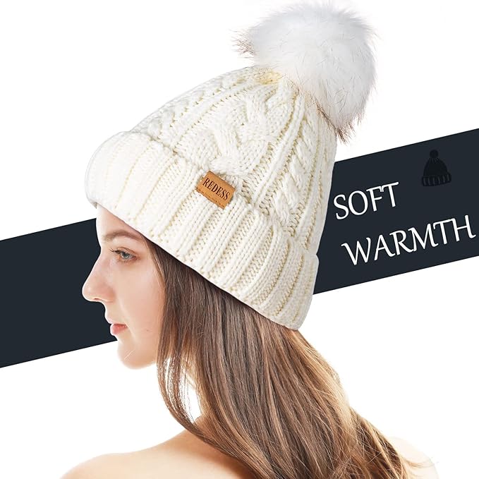 REDESS Women Winter Pompom Beanie Hat with Warm Fleece Lined, Thick Slouchy Snow Knit Skull Ski Cap