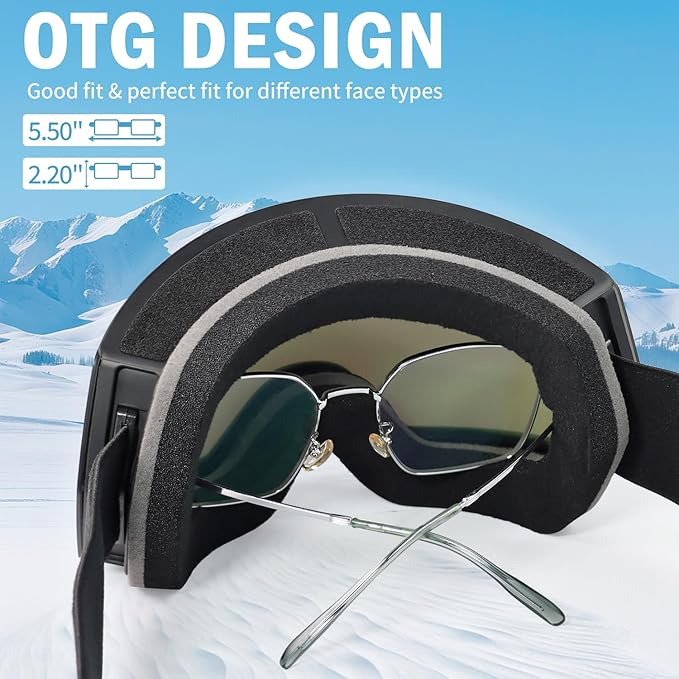 Ski Goggles for Men Women,Frameless UV Protection OTG Anti-fog Snowboard Snow Skating Goggles
