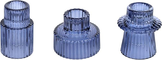 Vixdonos Glass Candlestick Holders Tealight Candle Holders for Table Centerpieces, Wedding Decor and Dinner Party (3 Pcs, Dark Blue)