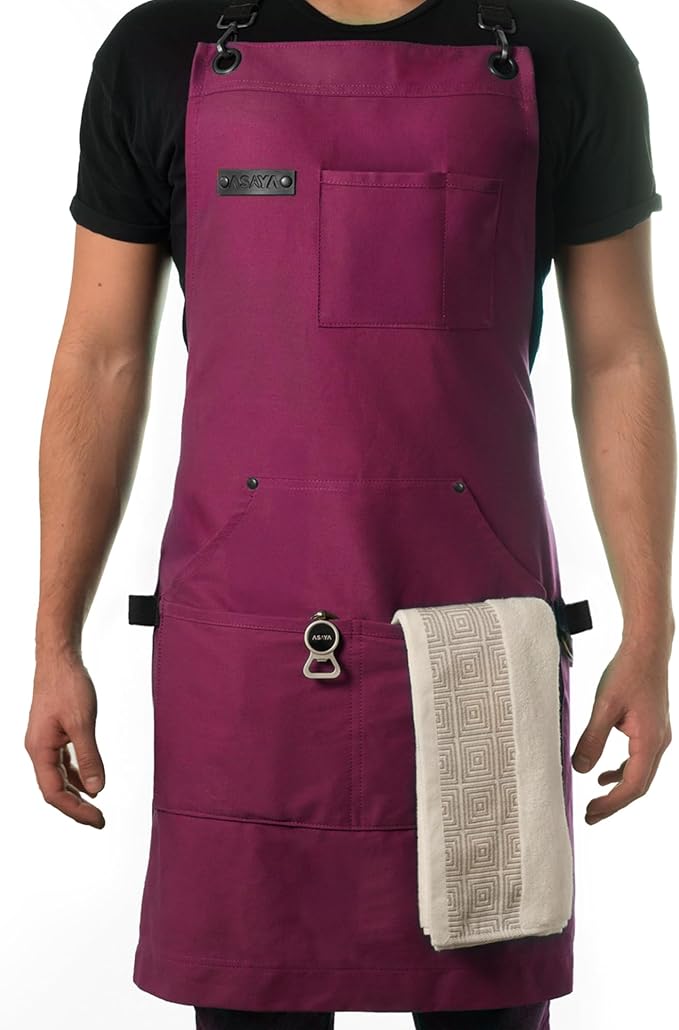 Asaya Chef and BBQ Apron with Bottle Opener and Hand Towel - 10oz Cotton Canvas, Stainless Steel Hardware - Cross Back Straps