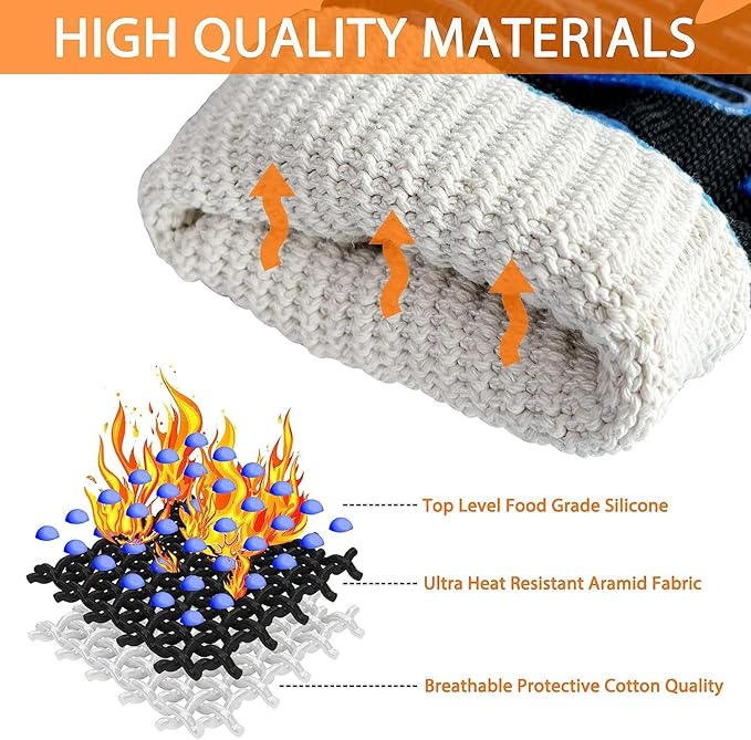 BBQ Gloves, Oven Gloves Original 2 Pack1472℉ Extreme Heat Resistant, Grilling Gloves Silicone Non-Slip Oven Mitts, Kitchen Gloves for BBQ, Grilling, Cooking, Baking (2 pieces set) (Orange Strips Long)