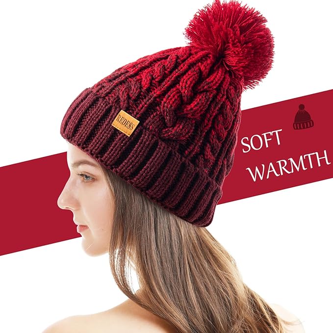 REDESS Women Winter Pompom Beanie Hat with Warm Fleece Lined, Thick Slouchy Snow Knit Skull Ski Cap