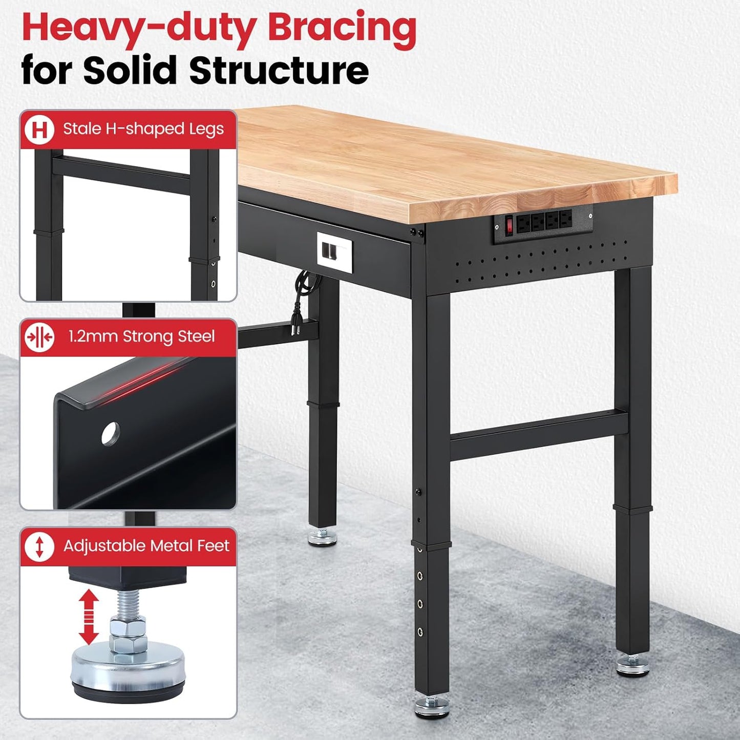 Workbench with Shelf Bracket 48 x 24 Inch Heavy Duty Rubberwood Tabletop Work Table Adjustable Height Work Bench with Drawer, Power Outlets for Garage Woodworking Shop, Home, Office