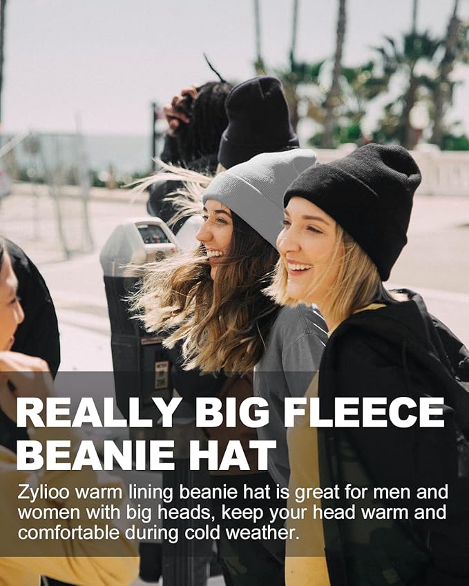 Zylioo Oversize Beanie Hats, XXL Big Size Ribbed Knit Cuffed Winter Hat for Cold Weather, Warm Skull Watch Cap