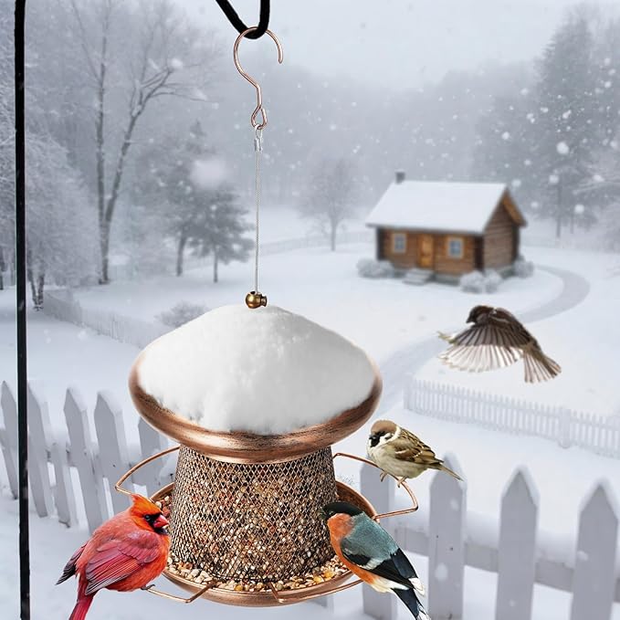 Bird Feeder, Heavy Duty Metal Bird Feeders for Outdoor Hanging, Cute Mushroom Shape 3.5 LB Large Capacity Wild Birdfeeder for Outside Garden Yard (Brown)