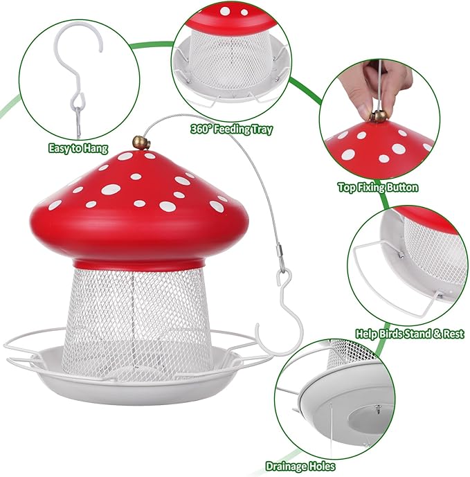 Bird Feeder, Heavy Duty Metal Bird Feeders for Outdoor Hanging, Cute Mushroom Shape 3.5 LB Large Capacity Wild Birdfeeder for Outside Garden Yard (Red)