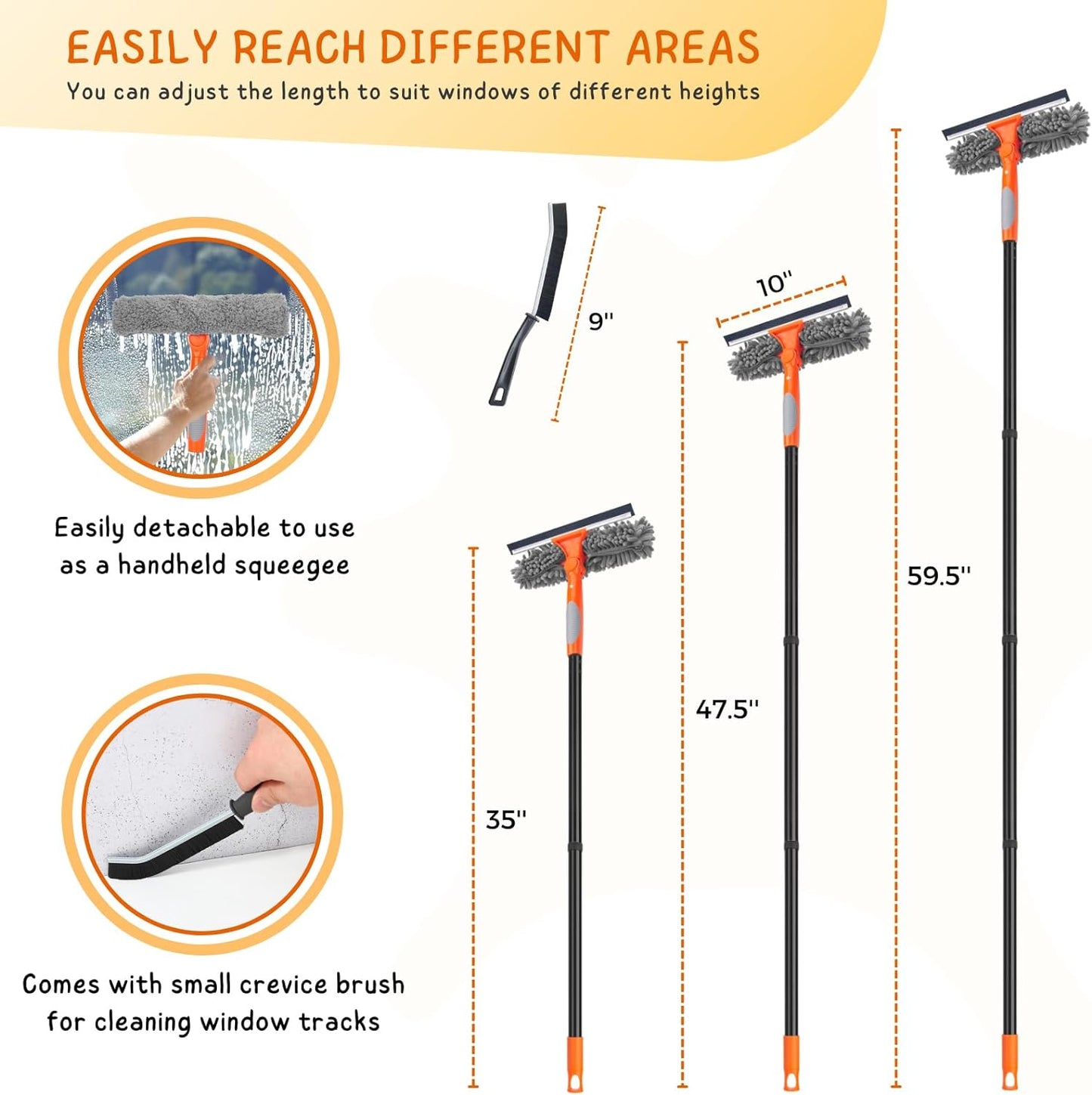 Window Cleaner Tool for Home, 59.5'' Squeegee Kit for Car Windshield, Shower Door, Mirror Cleaning, 2 in 1 Outdoor Glass Washer with Extension Pole