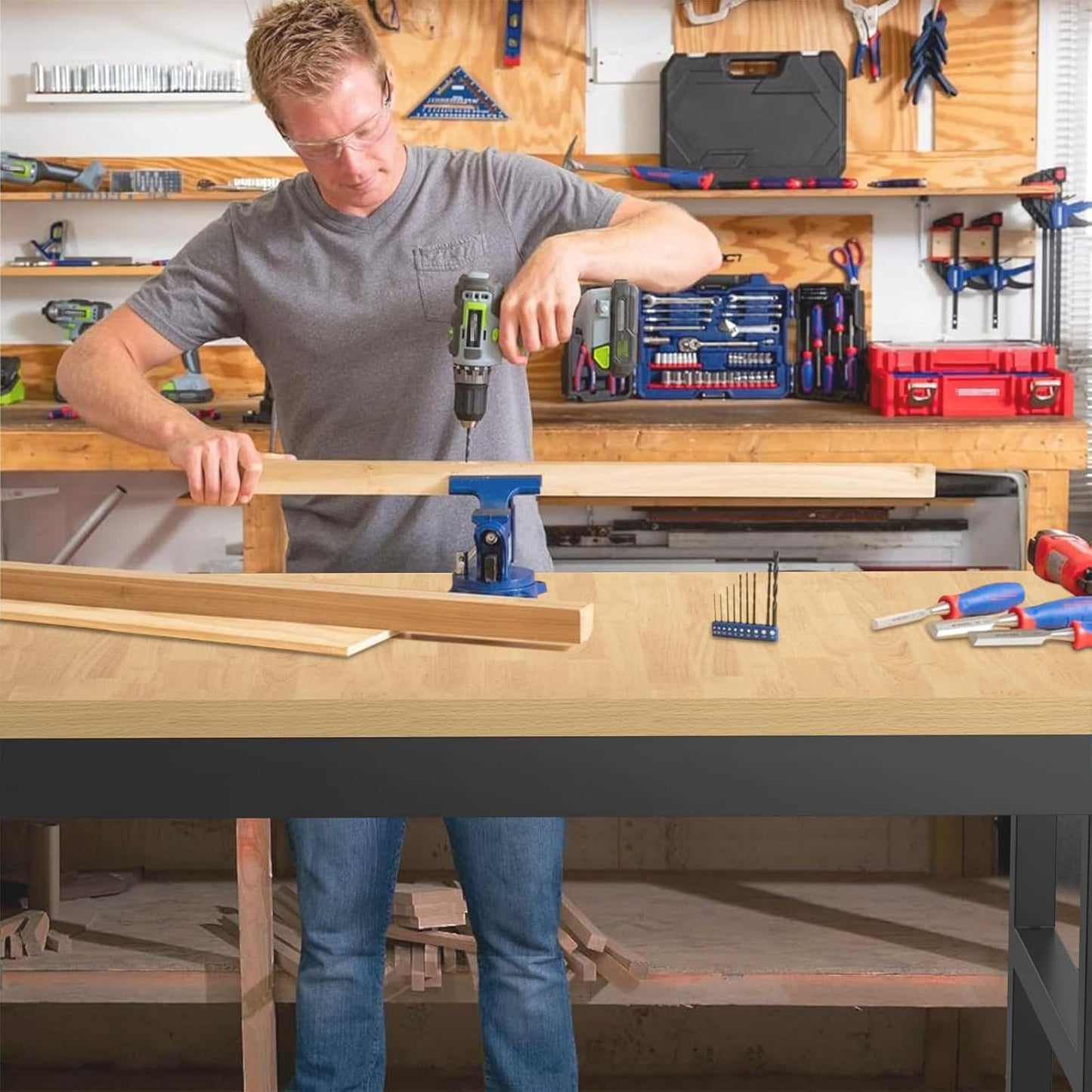 48" Adjustable Workbench,Heavy-Duty Work Table,3000 LBS Load Capacity Hardwood Workstation with Fixed feet,for Workshop, Garage