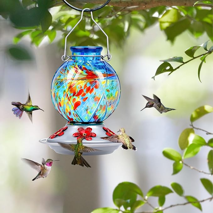 Hummingbird Feeder, BOLITE Glass Hummingbird Feeders for Outdoors Hanging, Hand Blown, with Ant Moat and Five Feeding Ports, Meshy Texture Ball Shape Bottle, 20 Ounces, Blue, Gifts for Women Men