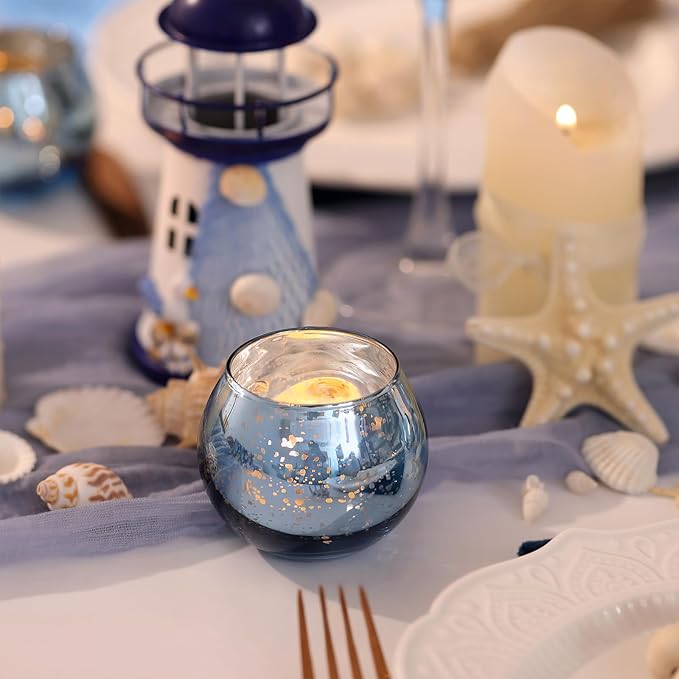 Volens Round Blue Votive Candle Holders Set of 12, Blue Wedding Centerpiece Table Decorations, Mercury Glass Tealight Candle Holder for Bridal Shower, Baby Shower & Home Decor