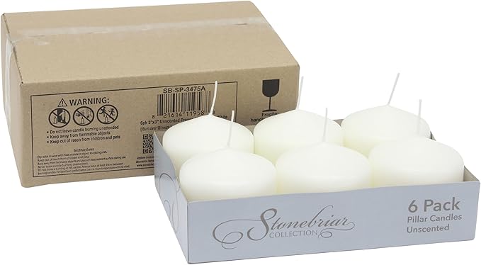 Stonebriar Unscented White Tall Pillar Candles, 18 Hour Burning Candle Pillars, Perfect for Decor, Weddings, Emergencies 3" X 3", 6 count
