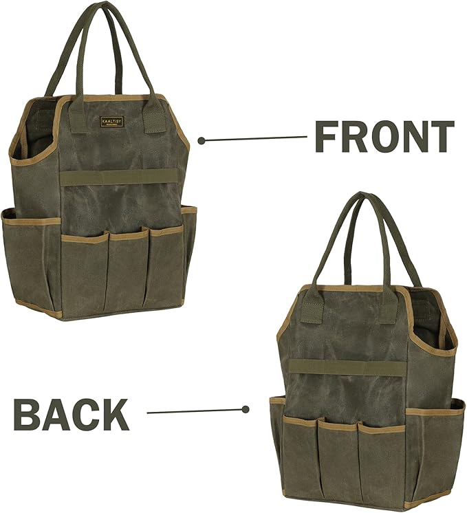 Tool Bag, Heavy Duty 16oz Waxed Canvas Garden Tool Tote - with 3 Inner Slots & 8 Outer Pockets, Multi-Purpose Gardening Tool Storage Bag for Gardener Florist Workshop - Army Green
