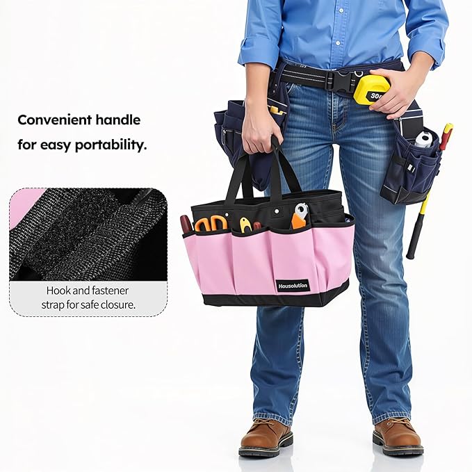 Housolution Gardening Tote Bag, Deluxe Garden Tool Storage Bag and Home Organizer with Pockets, Wear-Resistant & Reusable, 14 Inch, Pink