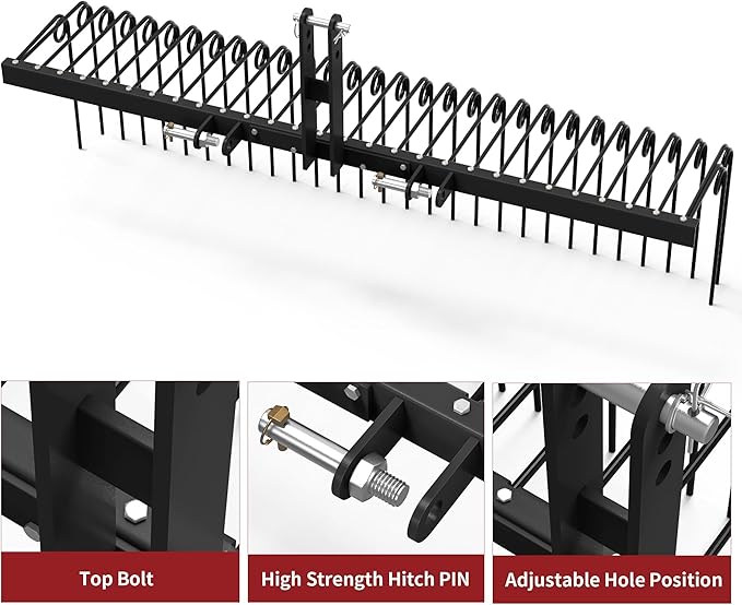 YITAMOTOR 72" Tow Behind Landscape Rake, 3 Point Quick Hitch Lawn Dethatcher Rakes with 32 Steel Tines for Category 1 Tractors, Heavy Duty Powder Coated Finish Tools for Leaves, Pine Needles, Straw