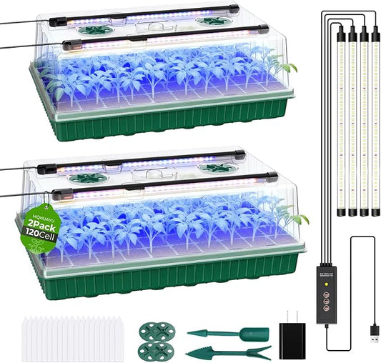 120 Cells Seed Starter Tray with Grow Light, Smart Timer， Seedling Starter Kit with Humidtiy Dome, 3/6/12H Timer，Germination Kit For all plants including cucumbers, tomatoes etc.Plant Seed（2Pack ）