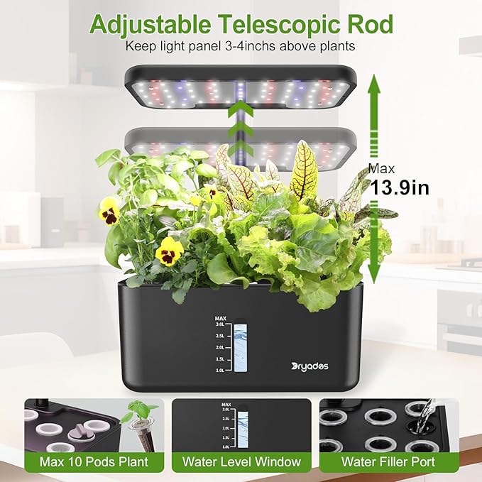 Hydroponics Growing System Indoor Herb Garden, 10-Pod Indoor Gardening System with 24W Full-Spectrum LED Grow Lights, Quiet Smart Water Pump, Plant Germination Kit for Herbs, Vegetables