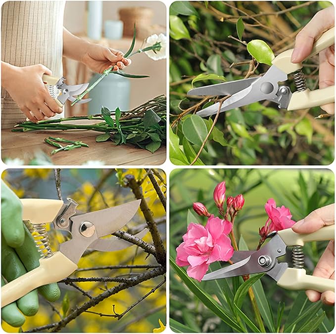 6PCS Premium garden shears, pruning scissors gardening tools, pruners for flower, bushes, rose and fruit tree, use for florist, yard and orchard the plant clippers, sharp steel anvil snips (white, 6)