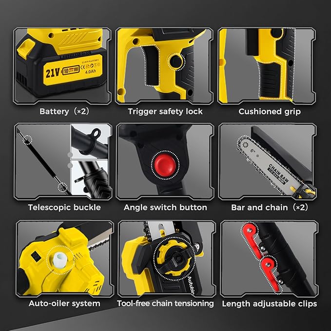 2-in-1 Electric Pole Saw for Tree Trimming,1200W Brushless Cordless Pole Saw & 6 Inch Mini Chainsaw with 2 x 4.0Ah 21V Batteries,16 FT Max Reach & Multi-Angle, Tree Trimmer for Branch Cutting.