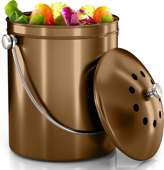 Utopia Kitchen Compost Bin for Kitchen Countertop, 1.3 Gallon Compost Bucket for Kitchen with Lid, Includes 1 Spare Charcoal Filter (Bronze)