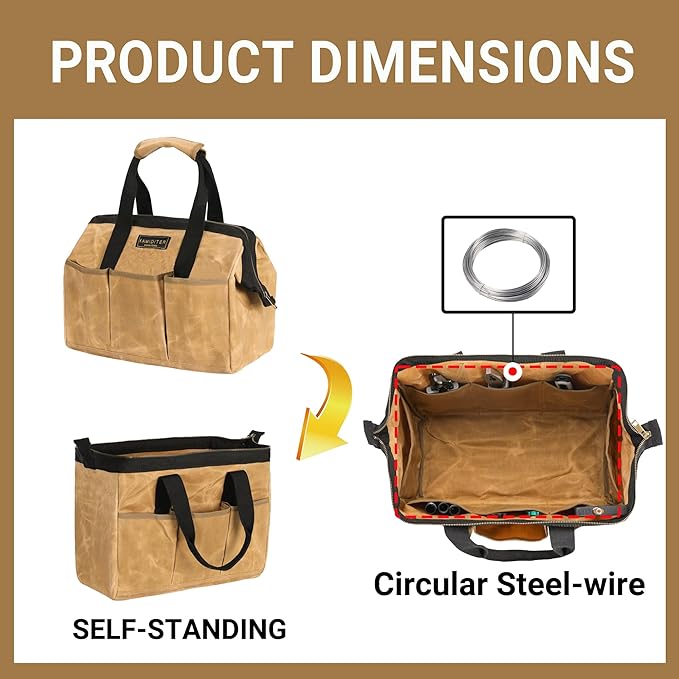 Heavy-Duty Waxed Canvas Tool Tote Bag - Wide Mouth Open Top Organizer with Reinforced Handle | Large Capacity Tool Pouch for Wrenches, Screwdrivers & DIY Supplies (15 x 11.5 x 7.8 inch, Khaki)