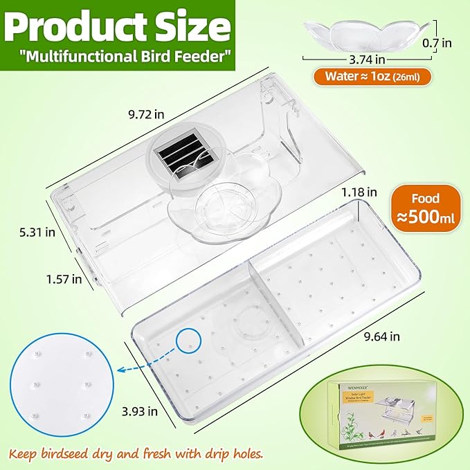 Window Bird Feeder with Non-Marking Self-Adhesive Hooks, Clear and Transparent, Outdoor Wild Bird Watching Gift, Garden Decor (with Solar Light)