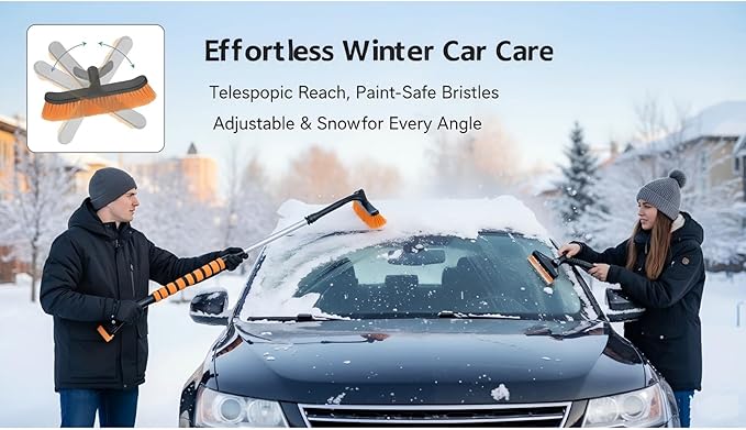 Snow Brush and Ice Scrapers for Car Windshield, 360° Pivoting Brush Head Detachable Snow Scrapers with Ergonomic Foam Grip;36inch Extendable Snow Brushs for Car，SUV and truck,Orange,Car Accessories