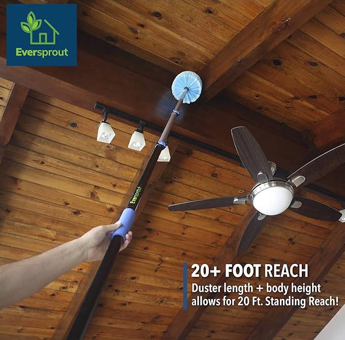EVERSPROUT 5-to-12 Foot Cobweb Duster and Extension-Pole Combo (20 Foot Reach, Soft Bristles) | Hand Packaged | Lightweight, 3-Stage Aluminum Pole | Indoor & Outdoor Use Brush Attachment