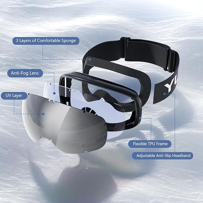 Ski Goggles for Men Women, OTG Snow Goggles, UV Protection Snowboard Goggles for Adult & Youth, Snowmobile, Sledding