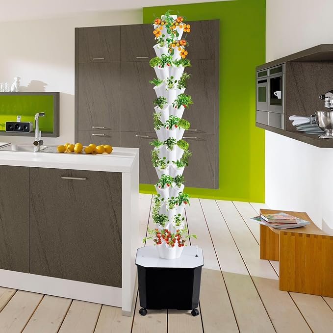 10 Tier 50 Plant Sites Hydroponic Garden Tower Vertical Planting Kit – Large Tank Indoor Outdoor HerbVegetable Garden System with Automatic Water Circulation Timer for Lettuce Tomatoes Fruits