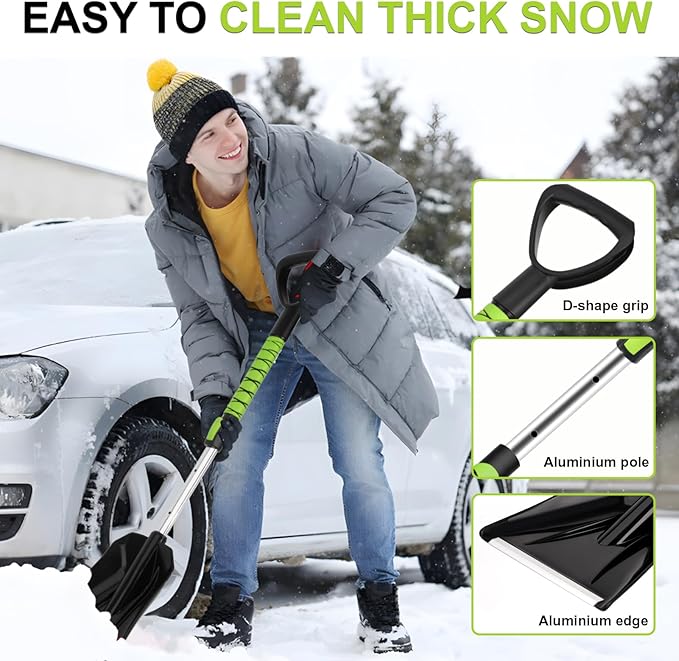 YOUGFIN 4 in 1 Ice Scraper & Snow Brush & Snow Shovel for Home Car, 43" Extendable Window Ice Removal with Squeegee for Windshield, Heavy Duty Snow Cleaner with Foam Grip & 180° Rotating Head for Auto