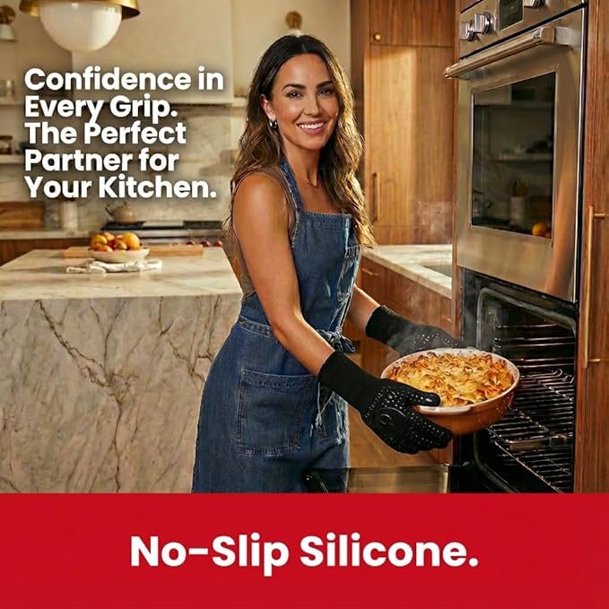 BBQ & Grill Gloves, Oven Gloves, 1472°F Silicone Oven Mitts Heat Resistant Grilling Gloves Fireproof Non-Slip for Barbecue Cooking Baking Smoking, 1-Pair Black（L）