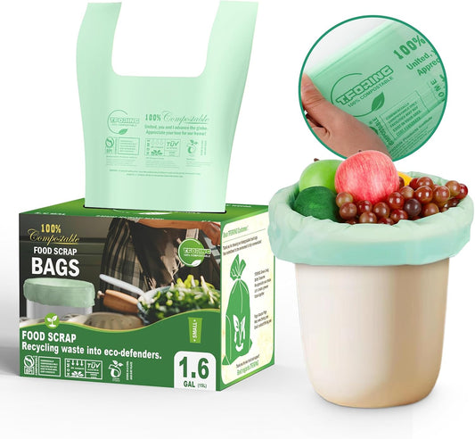 Small Compost Bags with Handle Tie,1.6 Gallon Compostable Food Scrap Bags For Counter Top Compost Bin, 80 Count, 6 Liter, BPI & OK compost INDUSTRIAL Certified