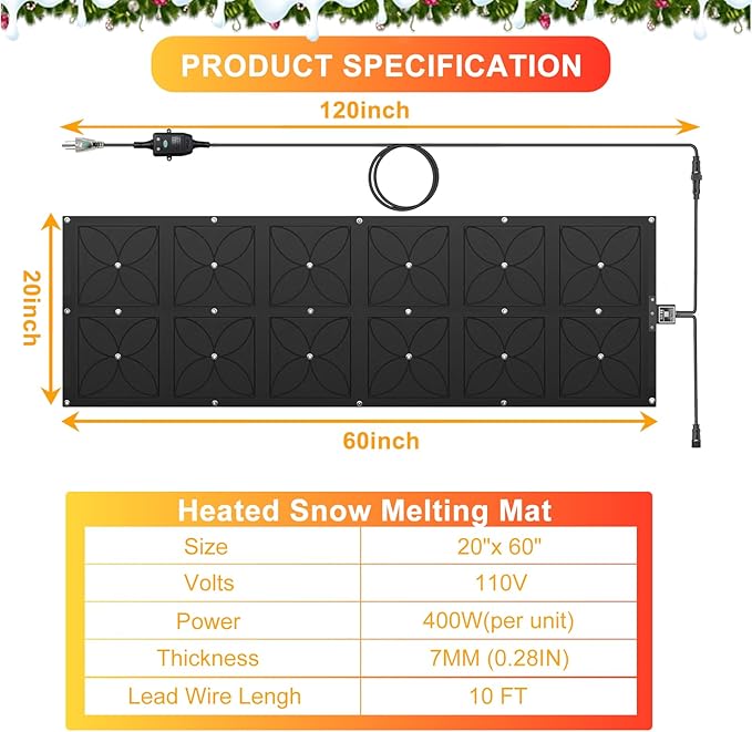 20" x 60" Heated Snow Melting Mat, 7mm Thickening Anti-Slip Rubber Snow and Ice Melting Mat, Electric Winter Heating Mat for Outdoor Steps,Stairs,Sidewalks,Walkways (Pack of 1)