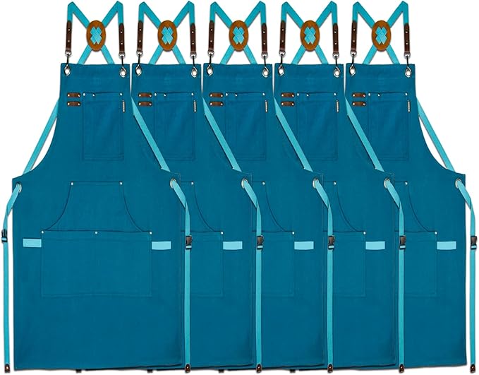 5 Pack Kitchen Apron, Work Apron, Canvas, Multiple Pockets, Gardening, Painting, BBQ, Artist, Carpenter, Sizes M to XXL, Blue