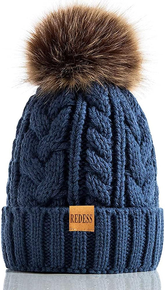 REDESS Women Winter Pompom Beanie Hat with Warm Fleece Lined, Thick Slouchy Snow Knit Skull Ski Cap