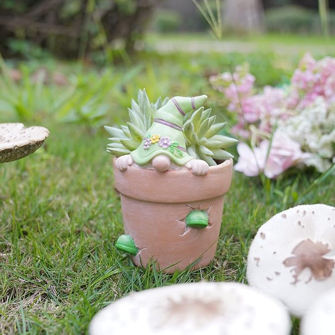 Newman House Studio Flower-Pot Spring-Gnomes Easter Decorations Cactus-Succulents - Unique Garden Pots Easter Decorative Green Planter with Drainage Hole for Home Farmhouse Decor 3 x 3.25 x 4.5 inch