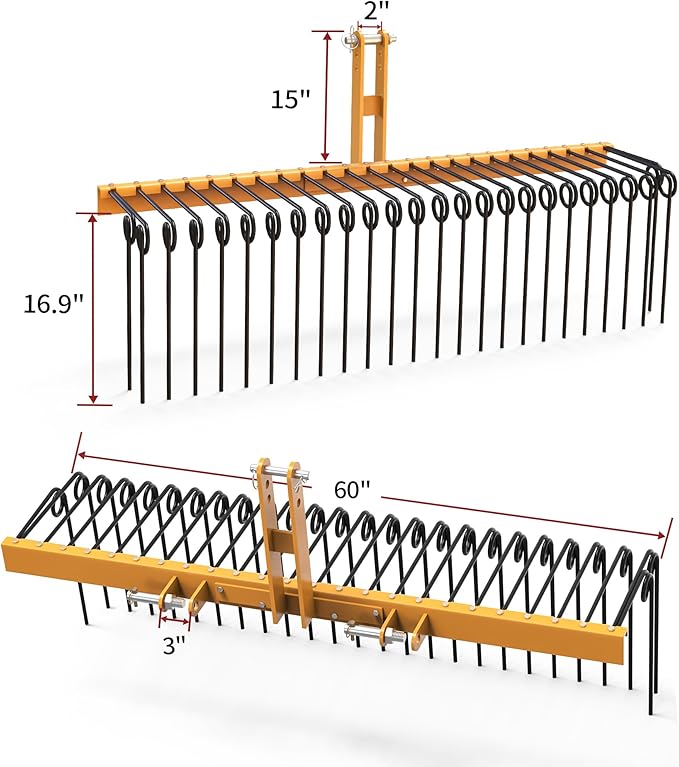 YITAMOTOR 60" Tow Behind Landscape Rake, 3 Point Quick Hitch Lawn Dethatcher Rakes with 28 Steel Tines for Category 1 Tractors, Heavy Duty Powder Coated Finish Tools for Leaves, Pine Needles, Straw
