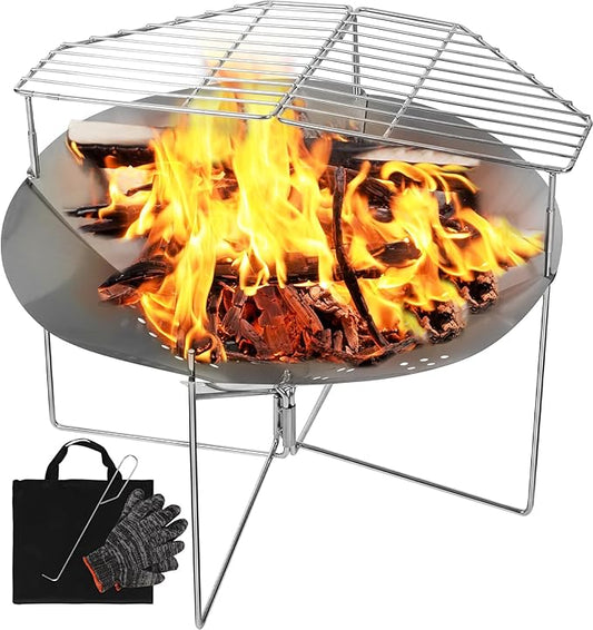 REDCAMP Portable Fire Pit for Camping, 20 inch Stainless Steel Wood Burning Fire Pit with Folding Grill & Carrying Bag for Camping, Picnics, Backpacking, Outdoor Heating