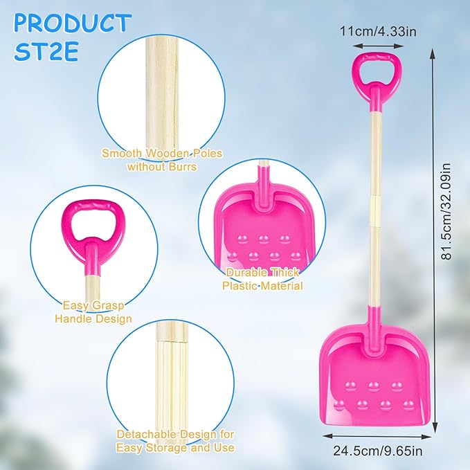 1PCS Kids Snow Shovel, 22"-32" H Detachable Wooden Childs Snow Shovel with Plastic D-Grip Handle and Scoop Winter Children Shovel Pink Toddler Shovels Outdoor Play Snow Gift for Boy Girl Snow Removal