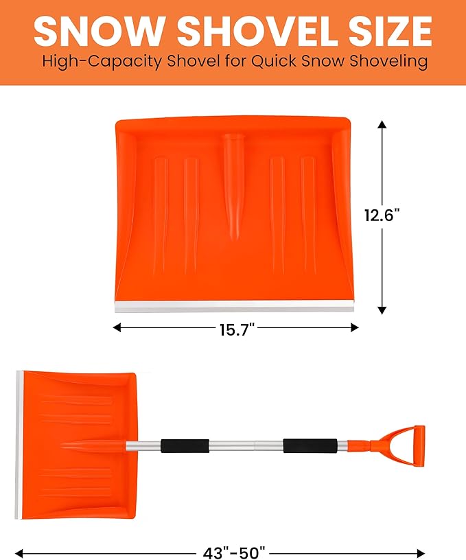 Snow Shovel for Driveway, 43" to 50" Retractable Detachable Lightweight Plastic Snow Shovels with D-Grip Handle, Large Capacity, Ideal for Women & Seniors, Garden/Car/Outdoor Use
