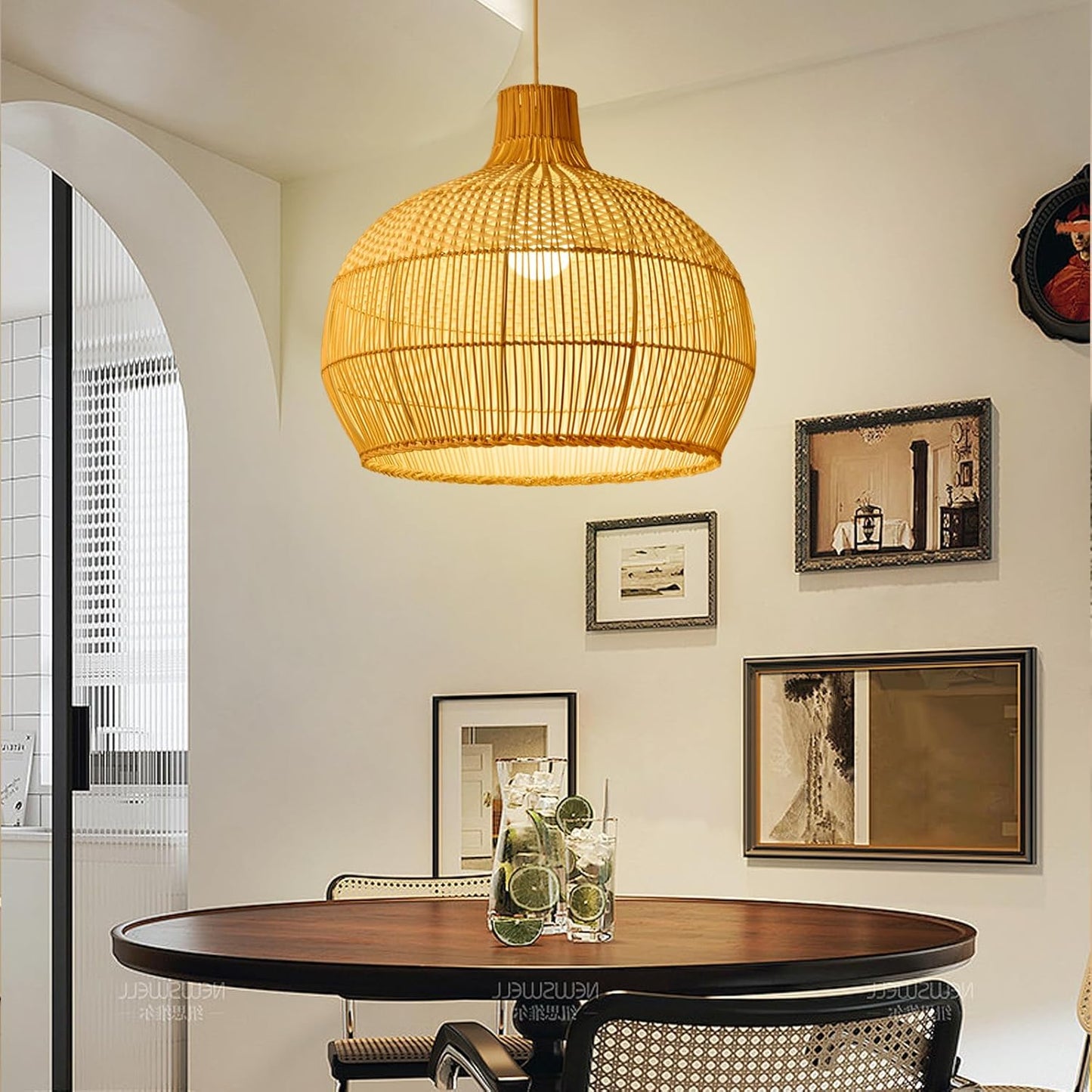 Arturesthome White Rattan Pendant Light for Kitchen Island Sink, Wicker Chandelier, Handmade Woven Hanging Ceiling Light Lampshade