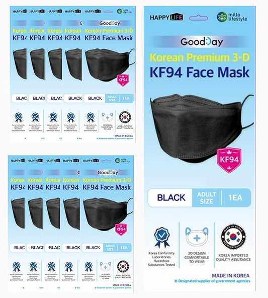Good Day Black Disposable KF94 Face Mask, 4-Layer Filters, Made in Korea, Nose Mouth Covering Dust Mask (individual Packed)