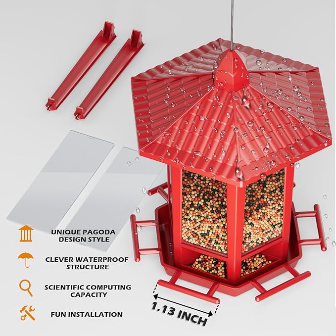 Birdream 2 Pack Bird Feeders for Outdoor Hanging, Retro Pagoda Design Fun Installation Bird Feeder, Attracting Wild Birds Chickadees Goldfinches Cardinals Finches and Sparrows - Red