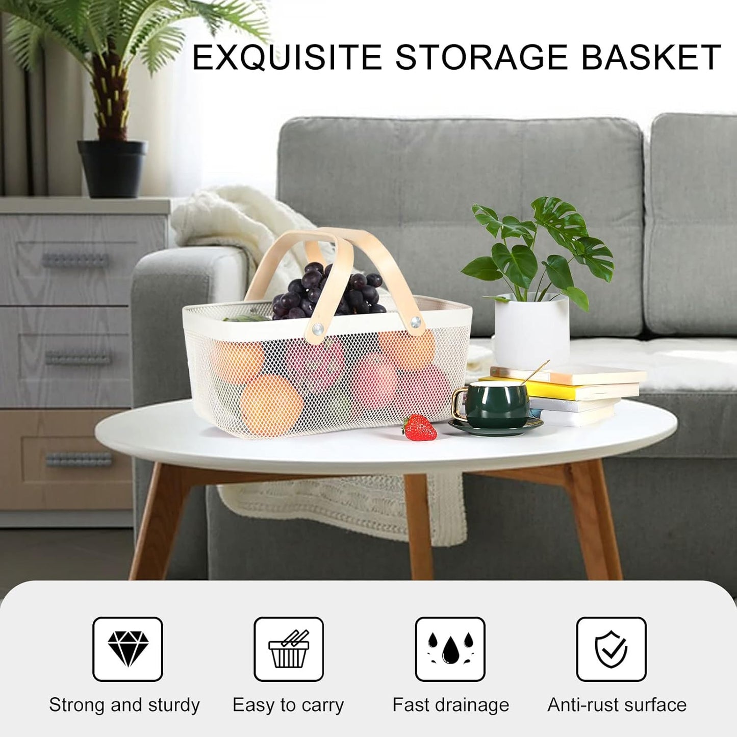 Garden Harvest Basket,Delicate Harvest Basket for Garden Vegetables,Practical Metal Mesh Wire Basket with Handle Suitable for Bathroom,Cabinet,Kitchen(White)