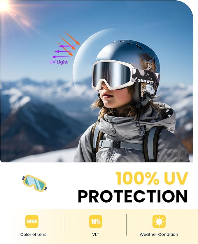 SNOWER Kids Ski Goggles, Anti-Fog Snow Goggles with OTG Design, 100% UV Protection, HD Lens for Kids Boys Girls