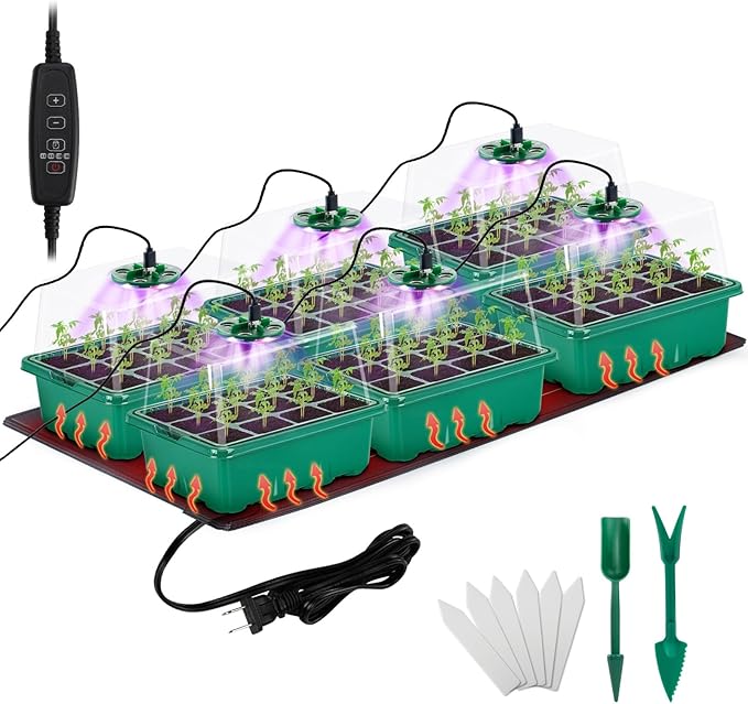 Apipi Seed Starter Tray with Grow Light & Heat Mat- 6 Pack 72 Cell Durable Easy Use Seed Starter Kit for New Gardener, Rapid Seedling Germination Kit with Humidity Domes for Plant Growing Propagation